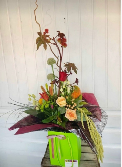 Rustic Breeze - Beautiful orange, peach and white blooms in this stunning, structured arrangement containing Roses, Lilies, Alliums, Lisianthus.

Each bouquet is designed and created by professional, qualified, local florists, Emma and her team. The talented florists at Flowers of Kidderminster add a touch of pizazz and style to every bouquet, which is put together by hand, from scratch.

Almost what you're after? We can tailor any bouquet to your needs and budget. Want to incorporate their favourite colours? Do you want to adapt the style to your needs and budget? All colours, styles and budgets can all be catered for.

All flowers are subject to availability. Substitutes may be used but your bouquet will always look beautiful!