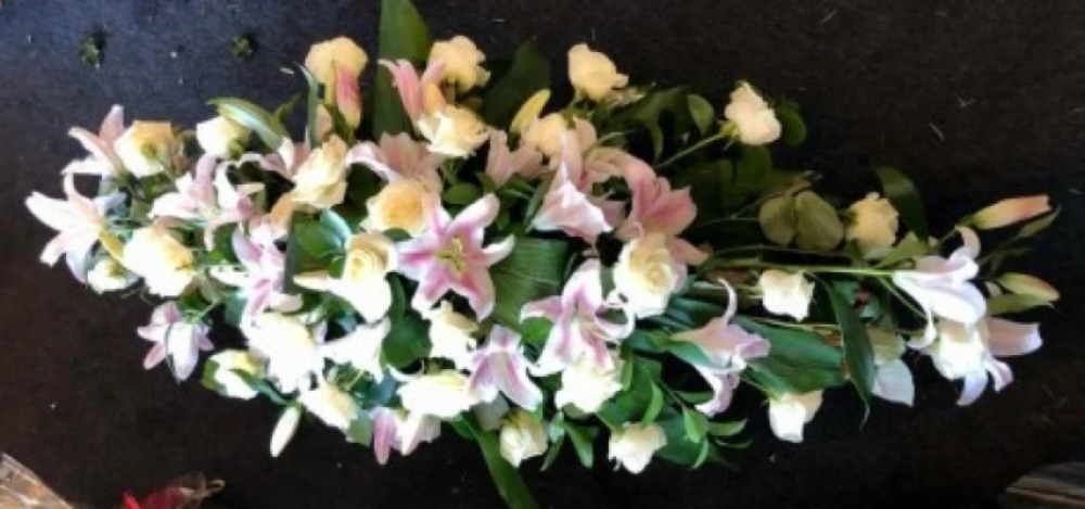 Lilies and Roses Coffin Spray White and Pale Pink