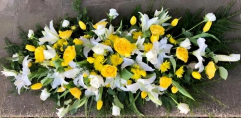 Lilies and Roses Coffin Spray Yellow and White