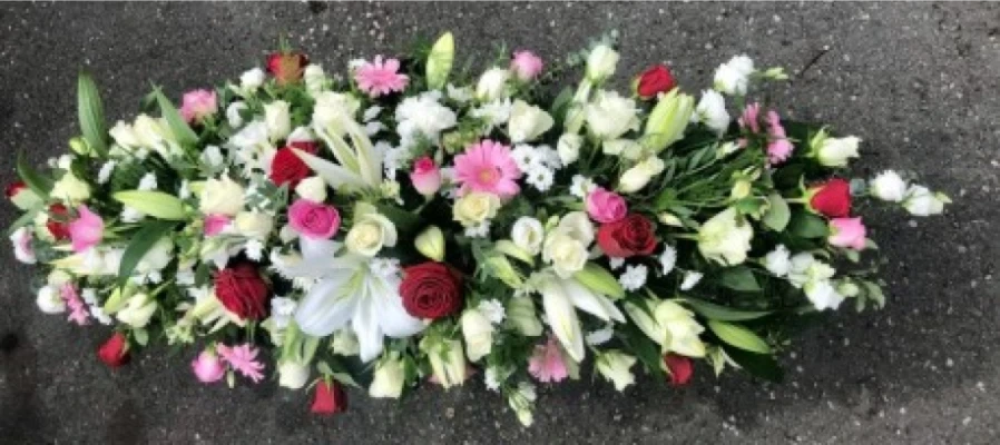Lilies & Roses Coffin Spray in Red, Pink and White