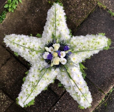 Star Tribute - Express condolences and pay tribute with this Star, expertly prepared by professional, locally based, florists Emma and her team.

This Star of white carnations can be topped with a colour spray of your choice. *Please state in the order notes if you would like a different colour spray to the one in the image.

Funeral Tributes which reflect the personality and the life of the person sadly departed are created with care and attention by our team of qualified, professional and local florists. At this difficult time, Emma and her team are here to help make choosing and ordering funeral flowers and sympathy tributes a little easier.

All arrangements are created from our collection of fresh flowers at our shop in Lisle Avenue, Kidderminster.

Can't find the perfect tribute? All arrangements can be designed for your specific requirements and budget. All colours, styles and budgets can be catered for. Please contact us to discuss any specific requirements.

Wreaths, posies and hearts also available.