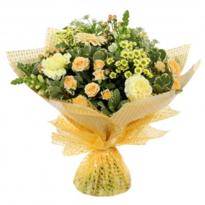Sunrise - Energise their day with a stunning surprise of this yellow and peach hand-tied bouquet. A warm collection of seasonal flowers artistically arranged by an artistic florist. Available for same day delivery when ordered before 2pm.