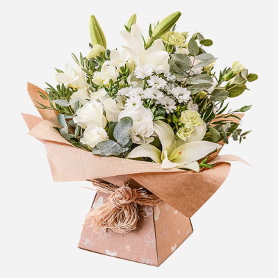 Evelyn - Elegant and serene — this hand-tied bouquet of white and cream blooms is the perfect all-occasion gift.