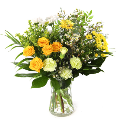 Citrus Shades - A petite vase arrangement that brings the glow of sunshine indoors, Citrus Shades radiates warmth and positivity. With its luminous blooms and fresh greenery, this cheerful design captures the feeling of light, energy, and pure joy.