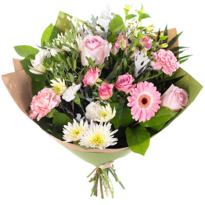 Pink Perfection - Soft, elegant, and beautifully balanced — Pink Perfection is a graceful blend of pink and white tones complemented by fresh greenery. Delicate yet full of life, this hand-tied design brings a gentle touch of beauty and charm to any setting.